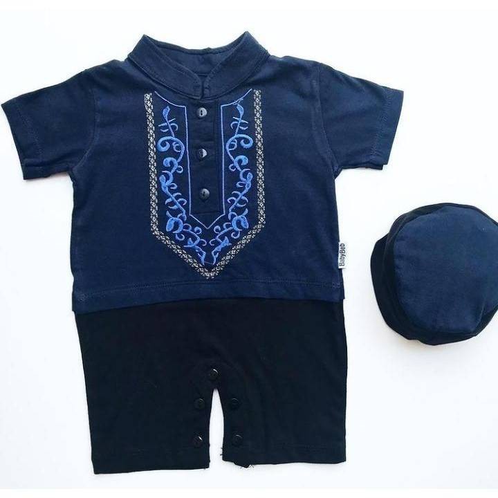 MO - BJ296 - JERKOCI 0-6 bulan jumper koko peci anak bayi romper laki cowok baby boy baju muslim-NAVY