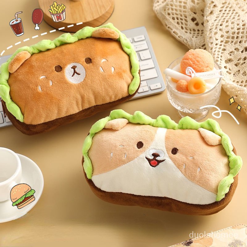 

AGOEE-Winter Kawaii Doll Plush Hamburger Dog Pencil Case Student Stationery Pencil Bag Cute Large Capacity