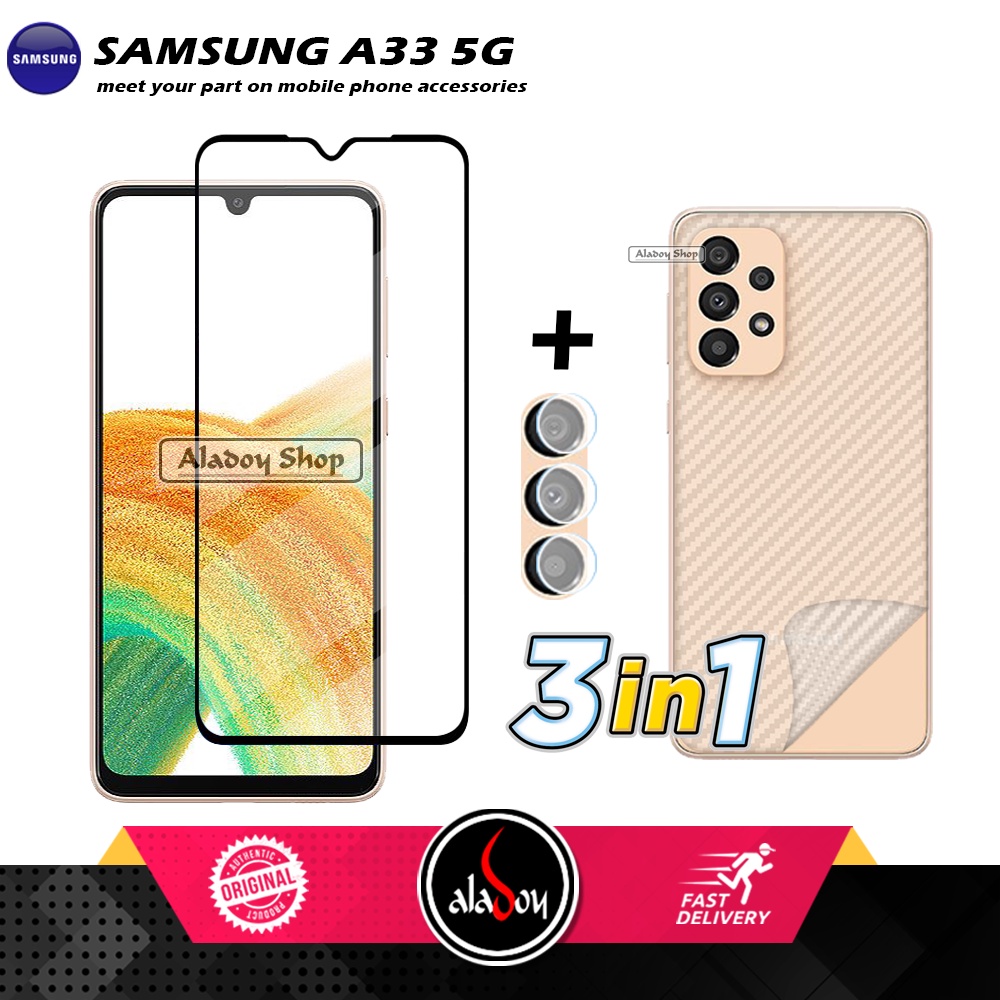 PROMO 3 IN 1 PAKET Tempered Glass SAMSUNG A33 5G 2022 Free Tempered Glass Camera dan Skin Carbon