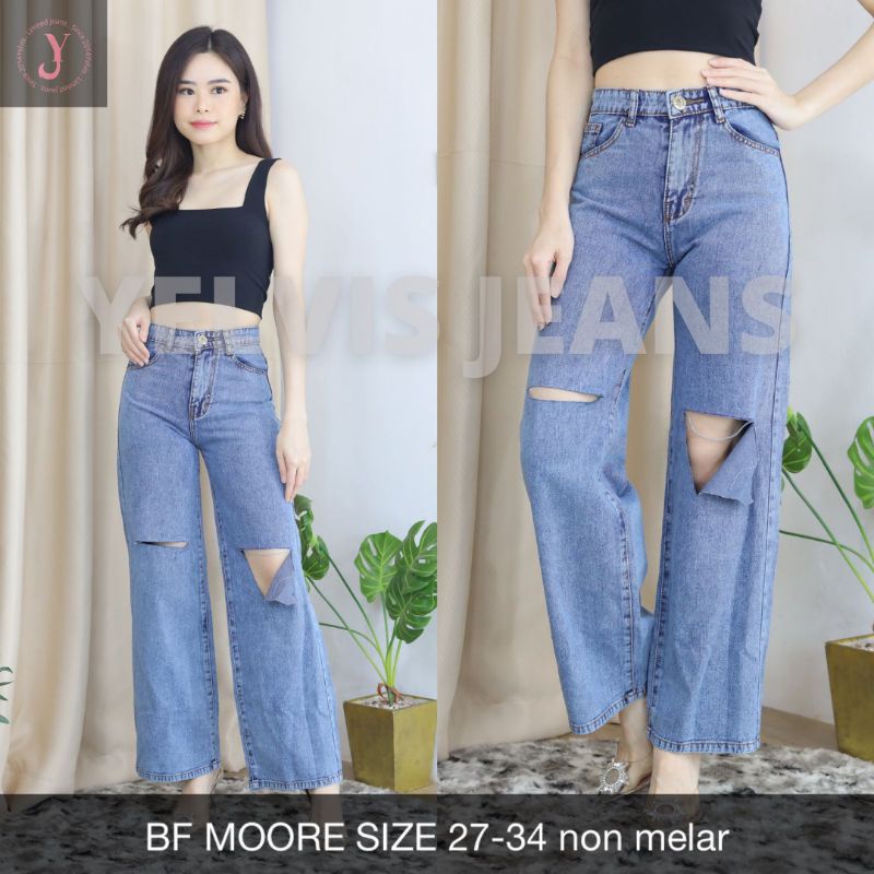 YELVIS/BF MOORE BOYFRIEND JEANS/RIPPED JEANS SOBEK HW HIGHWAIST/FASHION WANITA KULOT KOREA TERLARIS