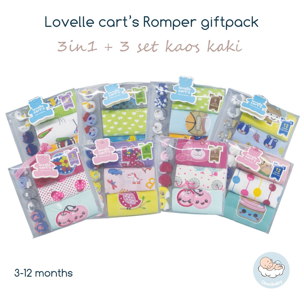 Lovelle cart's romper bayi laki/bayi perempuan 3in1 + 3 set kaos kaki(0-12 bulan)