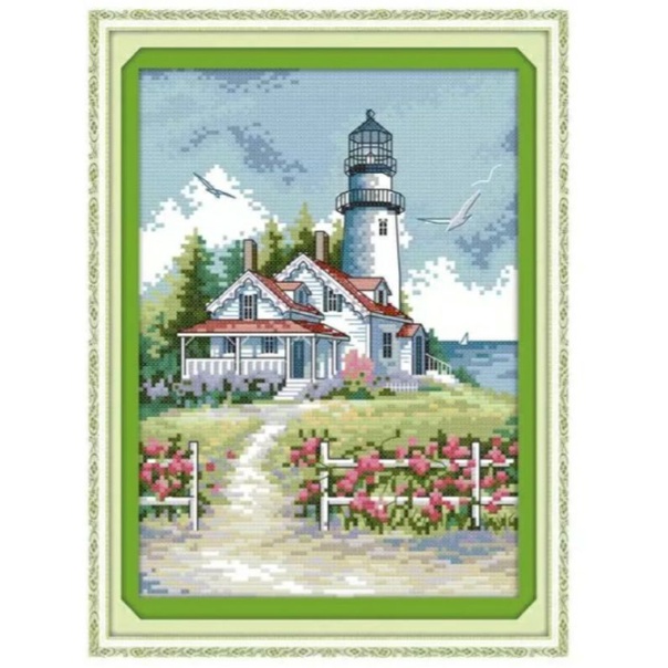 pola kain paket kristik pemandangan light house 14ct