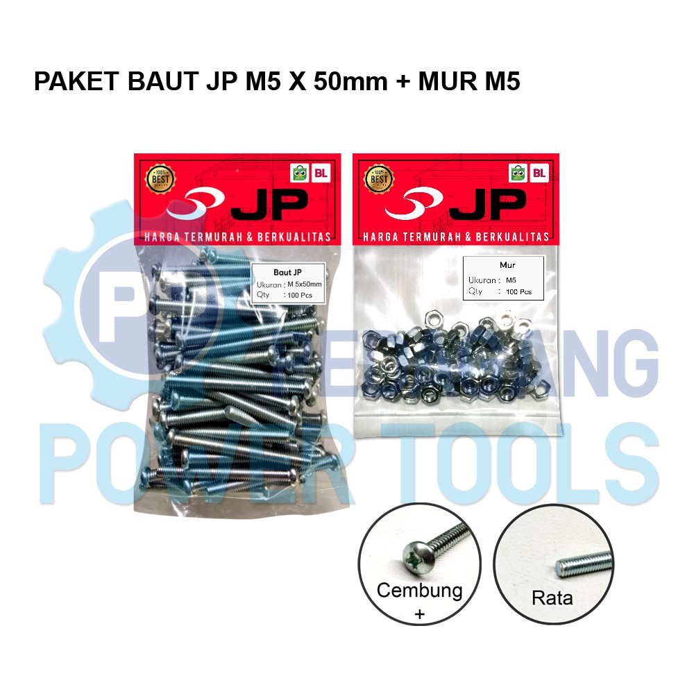 PAKET 2 SET BAUT MUR 5x50 BAUT JP M 5 x 50 MM MUR M5 SKRUP ISI 100 PCS