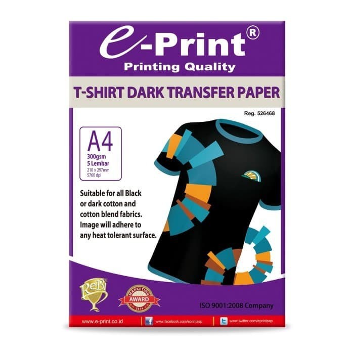 

Kertas Print Sablon 5 lembar --- E- Print T-Shirt Dark Transfer Paper A4