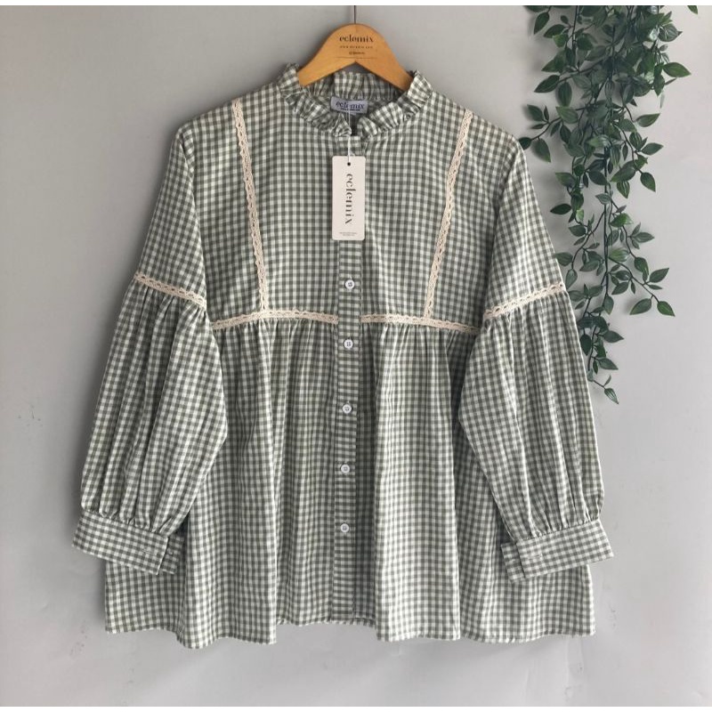 Top Sono Gingham Shirt Korean Vintage Green (Non Dobby) Eclemix