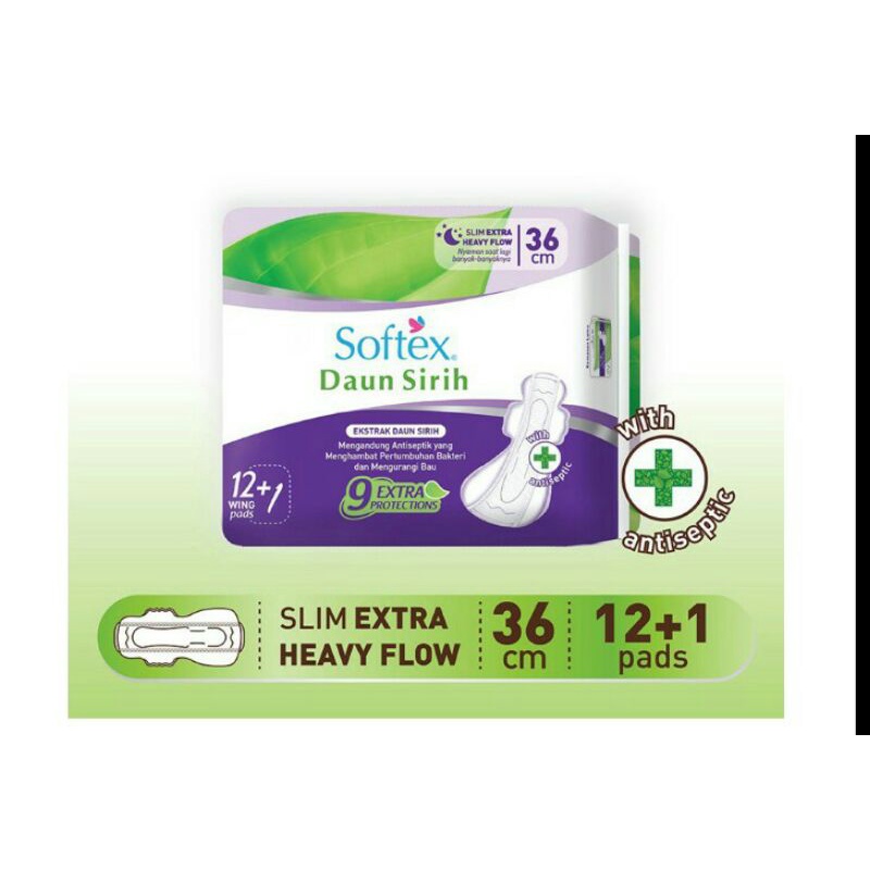 Softex Daun Sirih Pembalut Extra Heavy Flow Wing 36 cm 12+1 pcs 