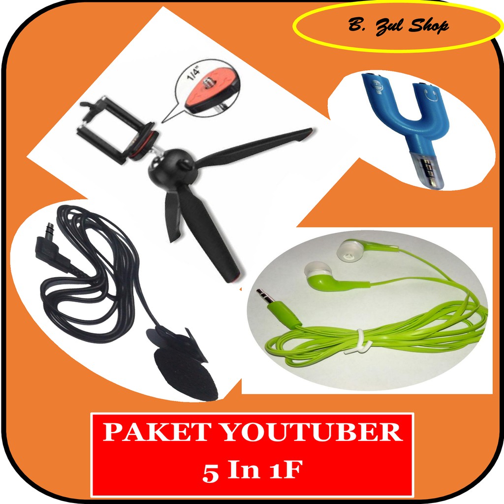 Paket Youtuber / SMULE  5in1, Mini Tripod + U Holder + Clip On Mic + U Splitter + Headset