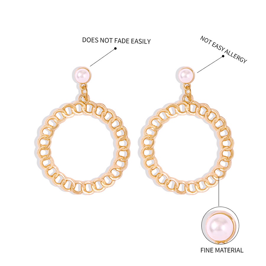 LRC Anting Tusuk Fashion Golden Pearl Geometric Round Chain Alloy Hollow K45079