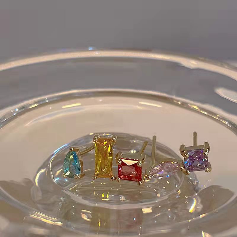 Set Anting Stud Kristal Zircon Geometris Warna-Warni Gaya Korea Untuk Wanita