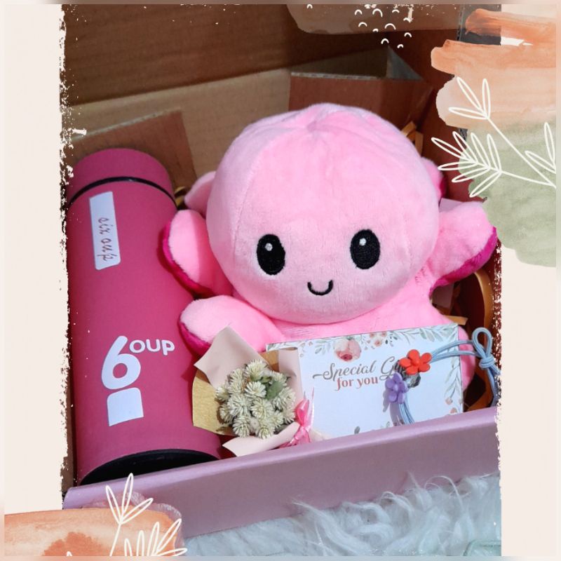 d1) Hampers Boneka Gurita Octopus Reversible dan Botol Minum Kaca / Hadiah Ulang Tahun Anak Sahabat / Kado Ultah Cewek / Kado Wisuda / Hadiah Anniversary / Kado buat Sahabat / Birthday Gift Box / Hampers Ulang Tahun