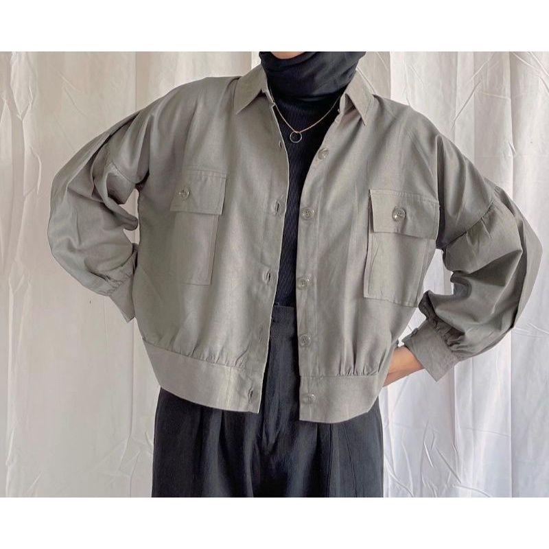 Busan Jaket Wanita Korean Style Oversize Saku Depan - Jaket Oversize Crop Outer-Grey