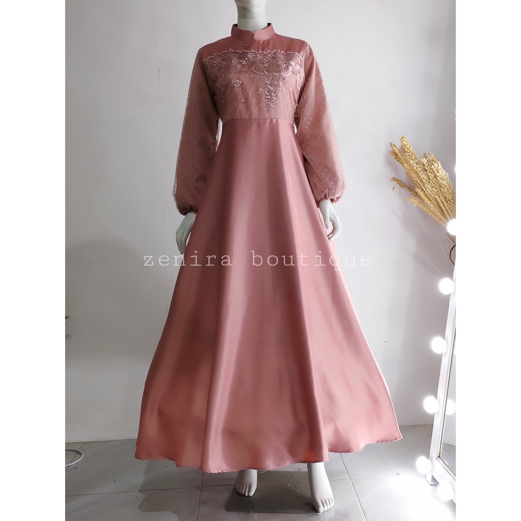 AMBERLY GAUN brokat tulle bordir payet / baju pesta remaja lengan balon / prewedding / wisuda / gamis kondangan / couple / tersedia ukuran kecil hingga jumbo