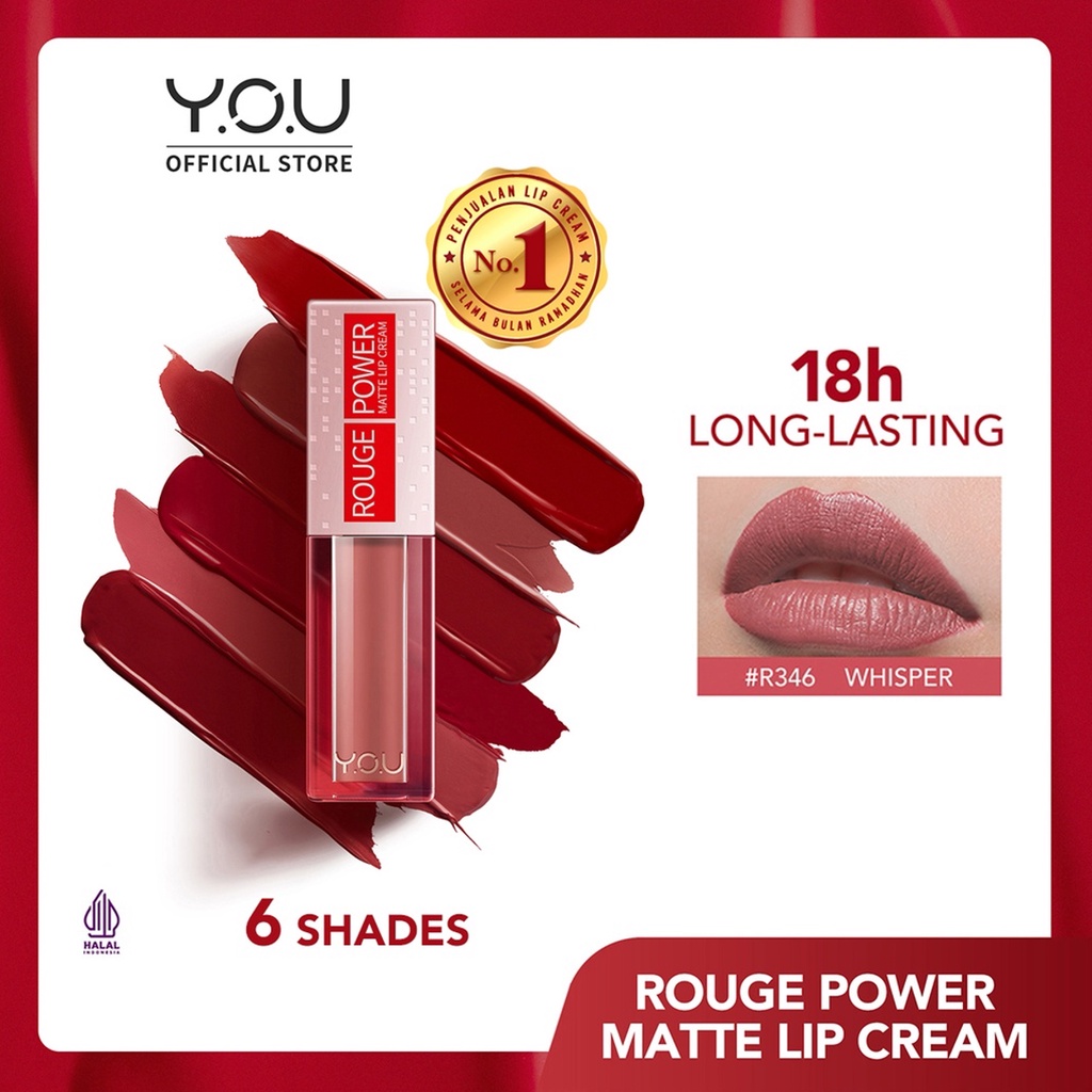 YOU Rouge Power Matte Lip Cream 5gr | Matte Finish, Tahan Lama, Waterproof, Nourishing + Manuka Honey | Lip Matte | Lipstick | BPOM