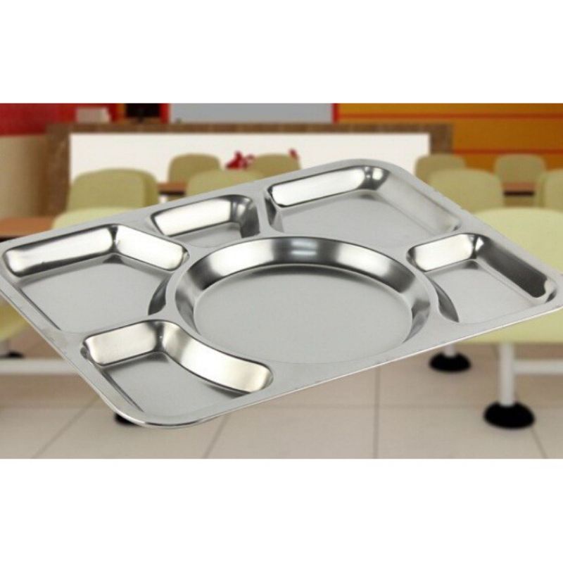 FOOD TRAY Tebal / piring nampan stainless sekat 6 / ompreng rumah sakit sekat stainless / meshtray plato stainless / tempat saji makanan rumah sakit / piring catering 40 x 30 cm / tempat makan