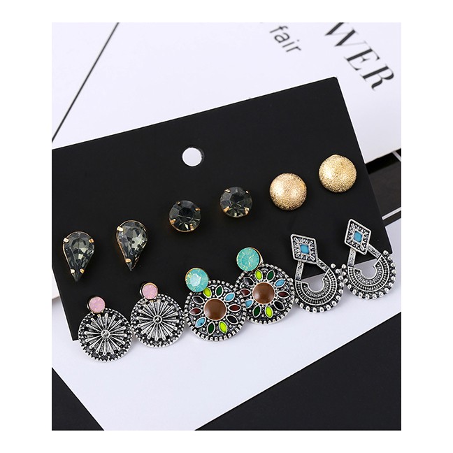 LRC Anting Set Fashion Silver 6 Pairs Of Alloy Drop Oil And Diamond Stud Earrings F37648