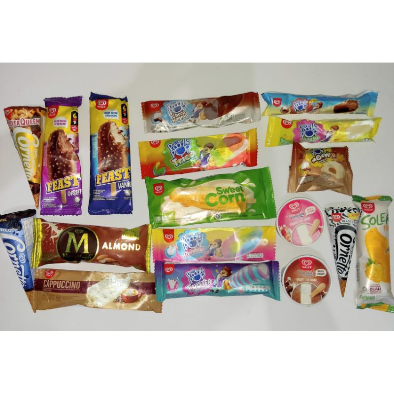 

ES KRIM WALLS FEAST, MAGNUM, CORNETTO OREO ,SOLERO, CAPPUCINO,SWEET CORN,POPULAIRE, PADDLE POP,MOCHI