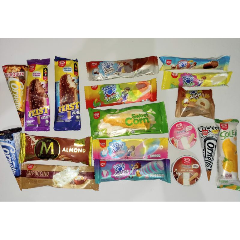 ES KRIM WALLS FEAST, MAGNUM, CORNETTO OREO ,SOLERO, CAPPUCINO,SWEET CORN,POPULAIRE, PADDLE POP,MOCHI