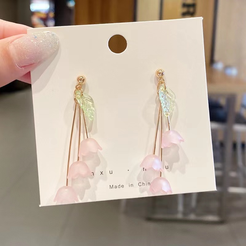 (Hello Girl)E03 Anting Wanita Korea Tusuk Model Juntai Bunga Mutiara Import-E03 Tulip Pink
