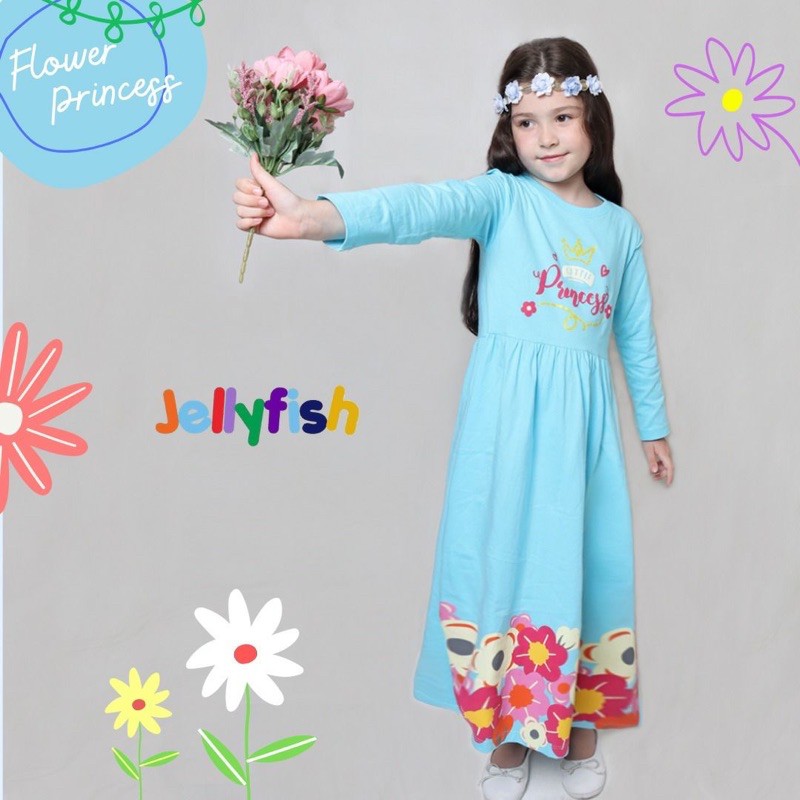 Gamis Long Dres Anak Perempuan Lucu Jelly Fish Flower Princes - Longdress Jellyfish 2 4 6 8 10 Tahun