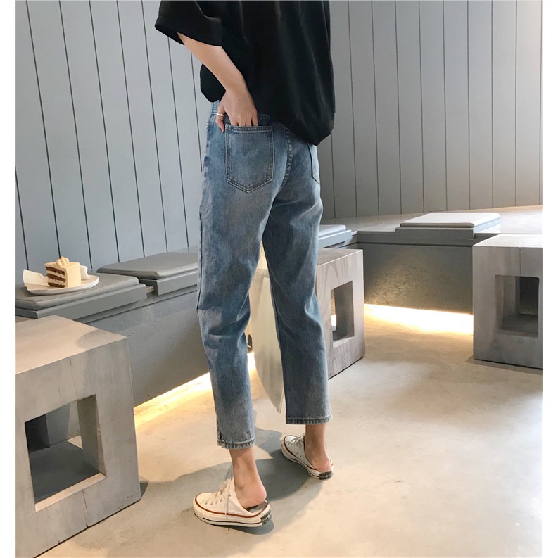 Celana Panjang Model Longgar High Waist Lurus Gaya Korea Bahan Jeans Untuk Wanita