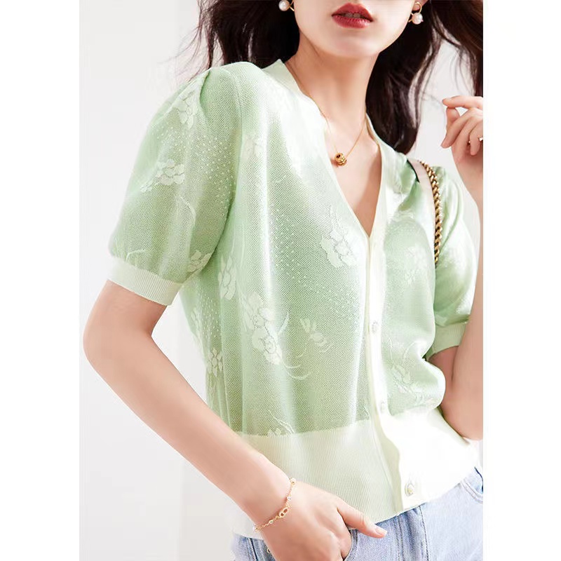 【Elegant】Korean Summer Sweet Vintage Stylish Knit Short Sleevee  V Neck T-Shirt 7482