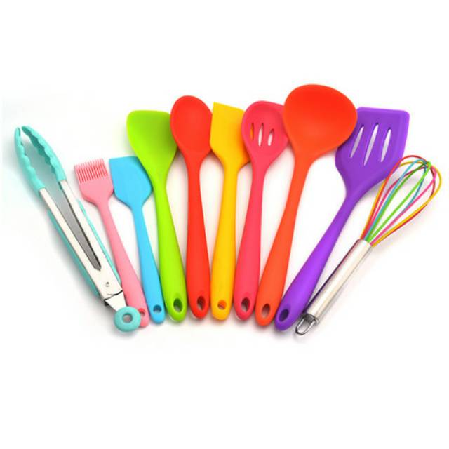 Rainbow silicone spatula cooking utensil set 10s / alat masak tanpa sambungan