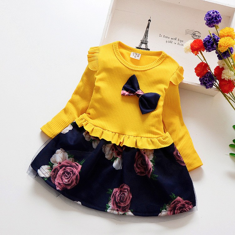156275-motif yellow dress anak perempuan gaun model splicing bahan katun dan motif bunga bergaya