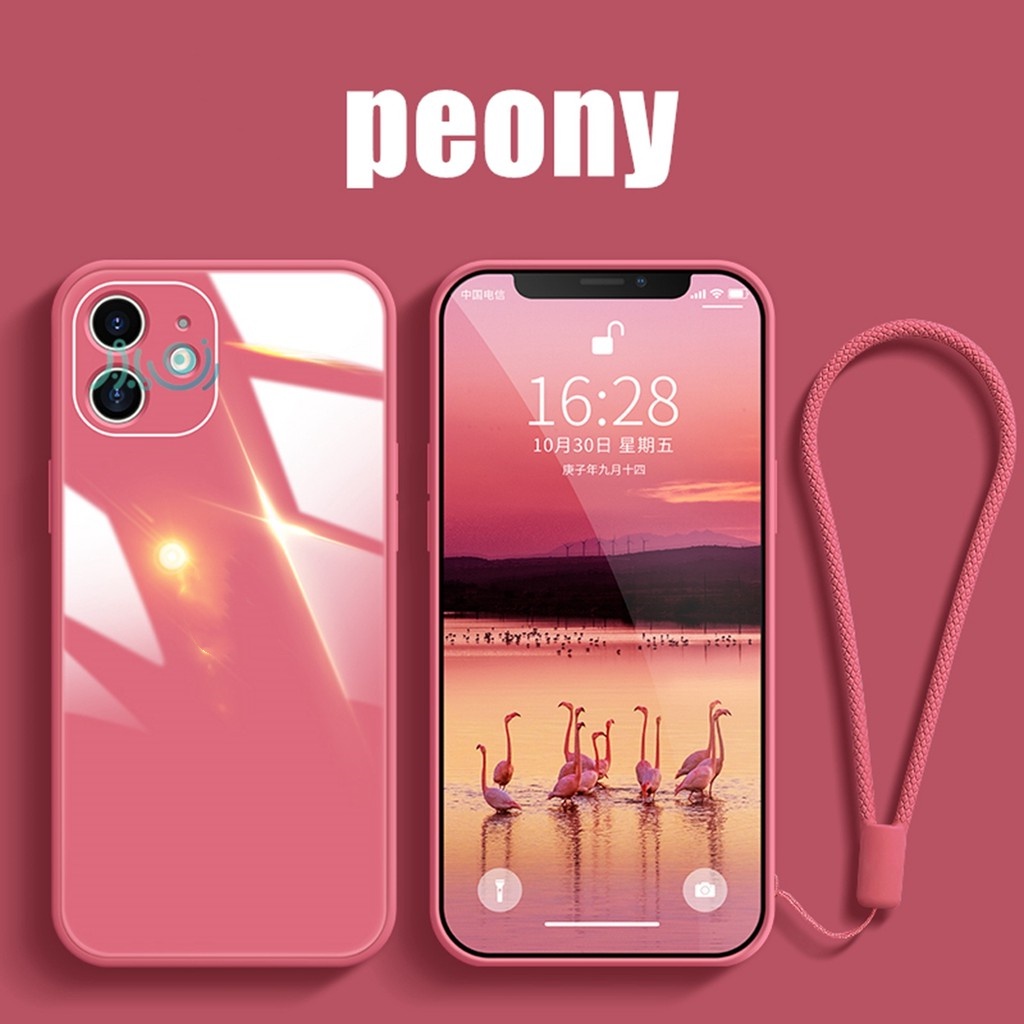 【Free Lanyard】Macaron Casing iPhone 13 pro max 11 12 Pro MAX XS MAX XR X Tempered Glass Case Square Silicone back cover