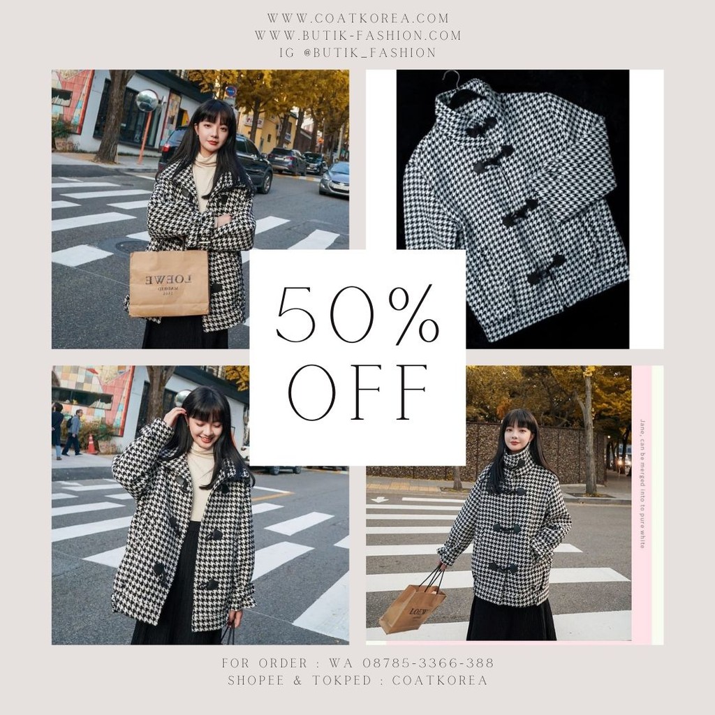 JAKET WOOL READY INDO - HOUNDSTOOTH COAT IMPORT WANITA BIG SIZE