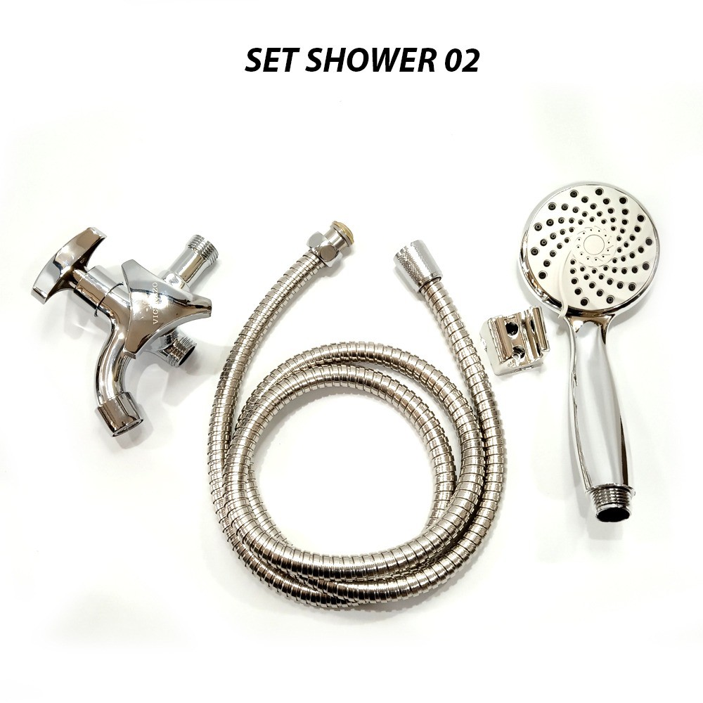 PAKET Hand Shower Kamar Mandi dan Kran Cabang Tembok Segitigal 2 Lubang 1/2” Handel Kuningan