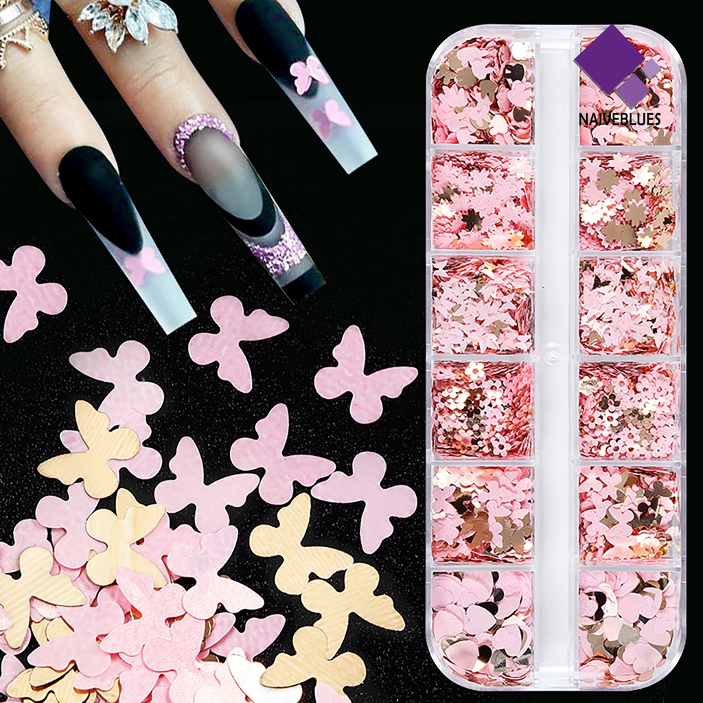 Naiveblue 1 Kotak Payet Kuku 6 Grid Warna Cerah Efek Visual Berkilau Untuk Dekorasi Nail Art