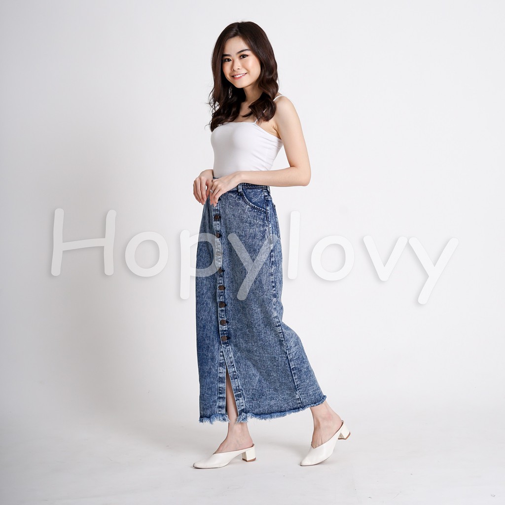 HOPYLOVY - Rok Jeans Panjang Wanita Kancing Depan Belah Front Slit Caca