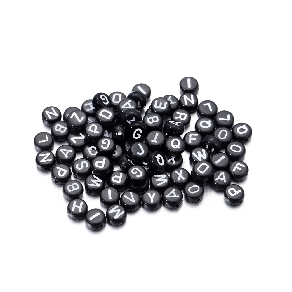 100Pcs Manik-manik huruf hitam bulat 7mm A-Z Manik manik Akrilik