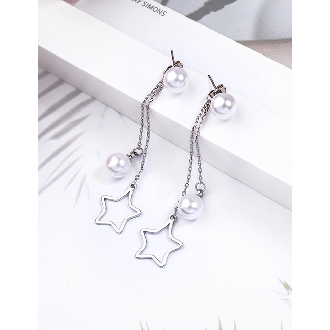 LRC Anting Tusuk Fashion Silver Star Pearl Stud Earrings F57916