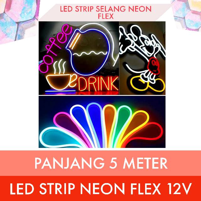 Lampu LED Strip Neon Flex Selang Flexible 5meter DC 12V Ice blue Biru Warm White Hijau