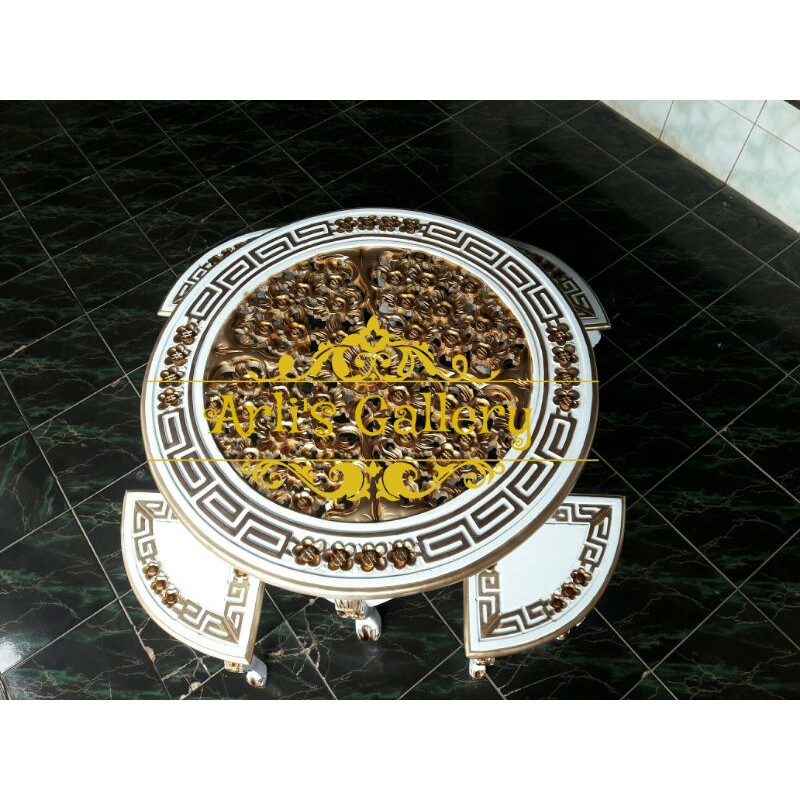 meja oshin bulat duco kombinasi emas kayu jati