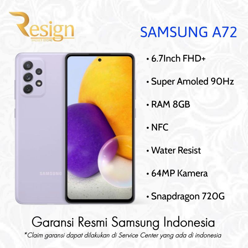 HP SAMSUNG GALAXY A72 8GB/256GB (Telephoto 3x Optical Zoom, NFC, IP67 Watee Resist)