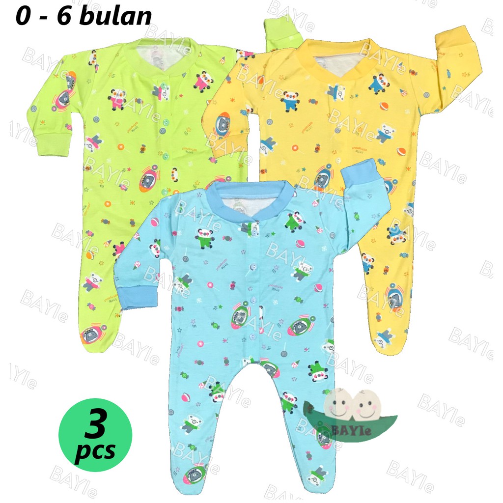 BAYIe - 3 PCS Baju Bayi Jumper/Hansop lengan Panjang/Sleepsuit  motif RANDOM RYN'S usia 0-6 bulan