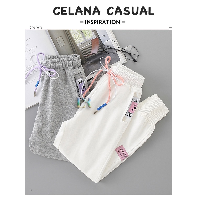 LNR Shop Celana Casual Trend Anak-Anak Perempuan Celana Panjang Olahraga Versi Korea Abu Putih Polos Slim-fitting Pinggang Tinggi Low Waist Santai Katun Putih