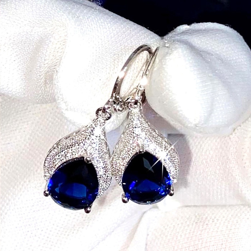 Anting Juntai Cubic Zirconia Bentuk Water Drop Warna Biru Untuk Wanita