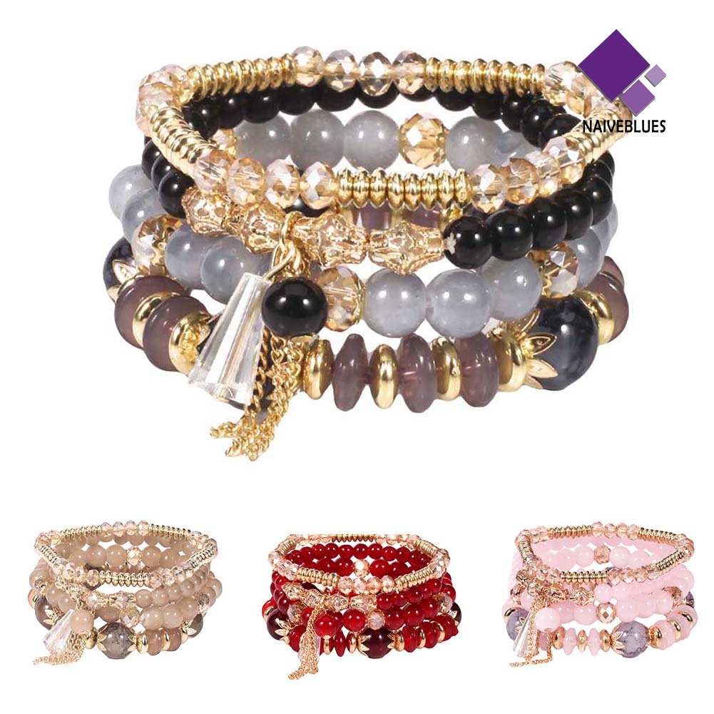 Naiveblue 4Pcs / Set Gelang Tangan Rantai Manik Batu Agate Imitasi Gaya Boho Untuk Wanita