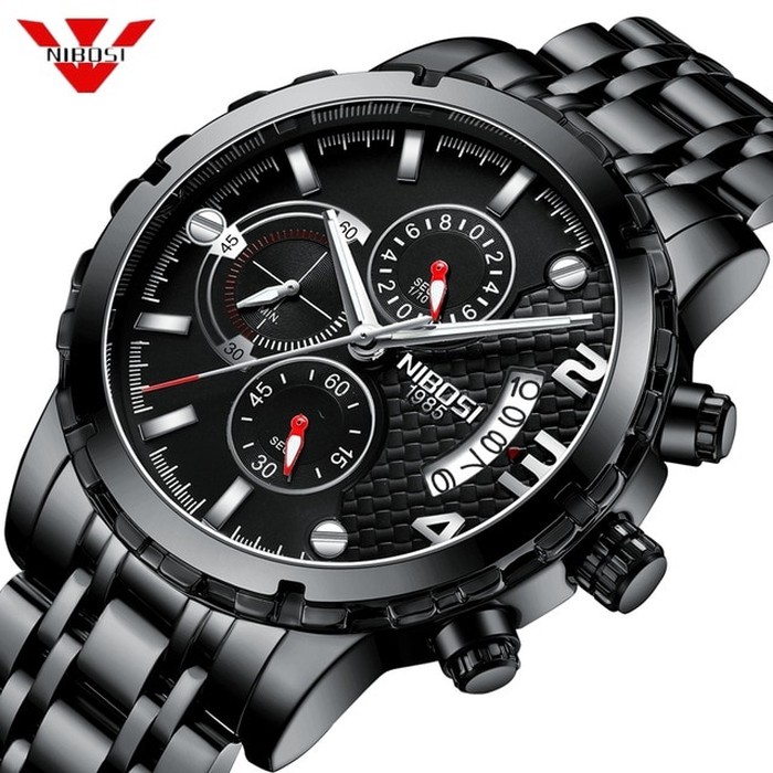 Jam Tangan Pria Original NIBOSI Chronograph 2356 Anti Air Hitam