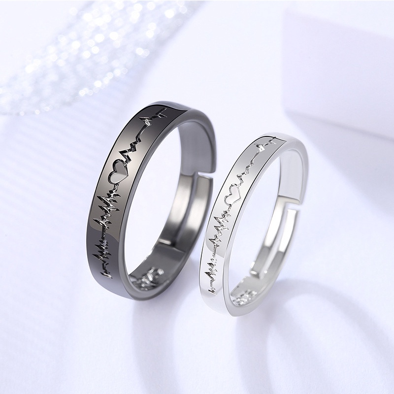 Cincin Model Terbuka Adjustable Desain Hati ECG Forever Love Warna Hitam Putih Untuk Pria Dan Wanita