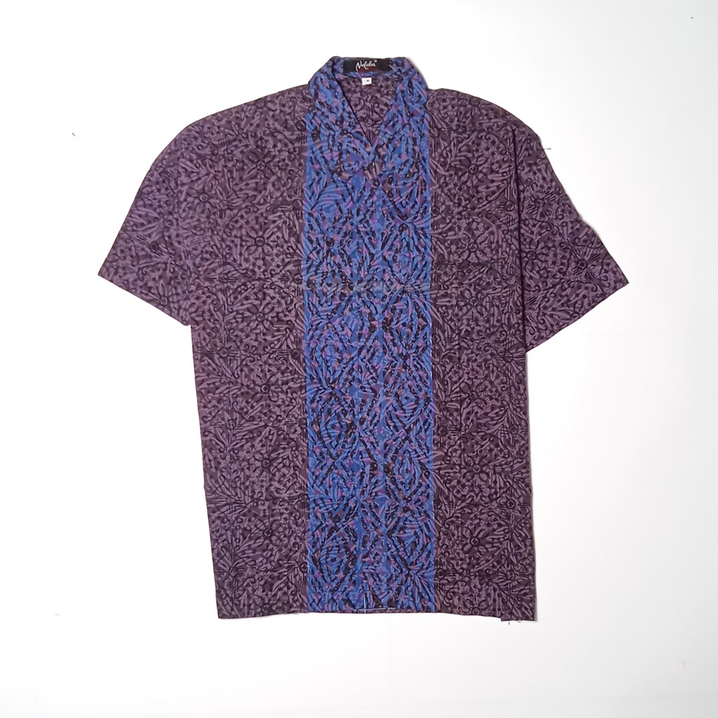 Kemeja Baju Batik Pria Lengan Pendek Cap Ungu Terong Biru Tua