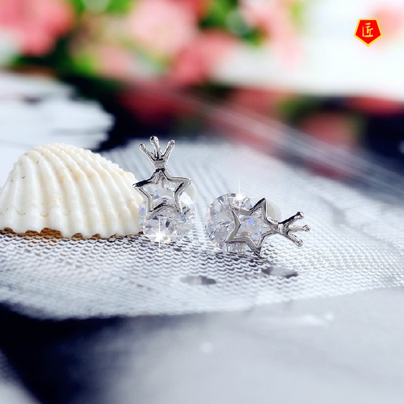 [Ready Stock]New Silver Five-Pointed Star Crown Earrings