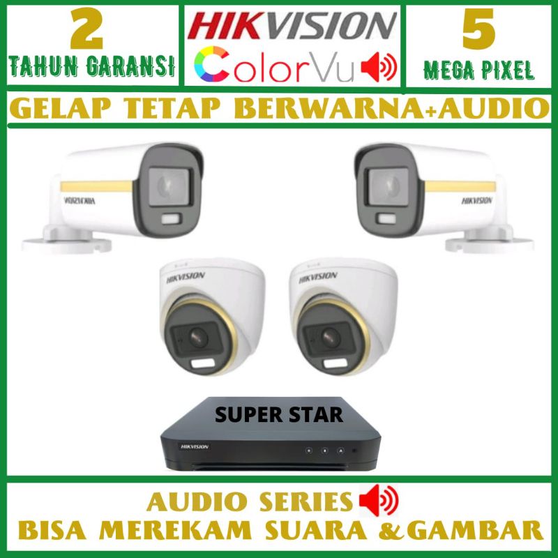 PAKET CCTV HIKVISION COLOR VU 5MP 4 CHANNEL 4 KAMERA+AUDIO SERIES MALAM TETAP BERWARNA