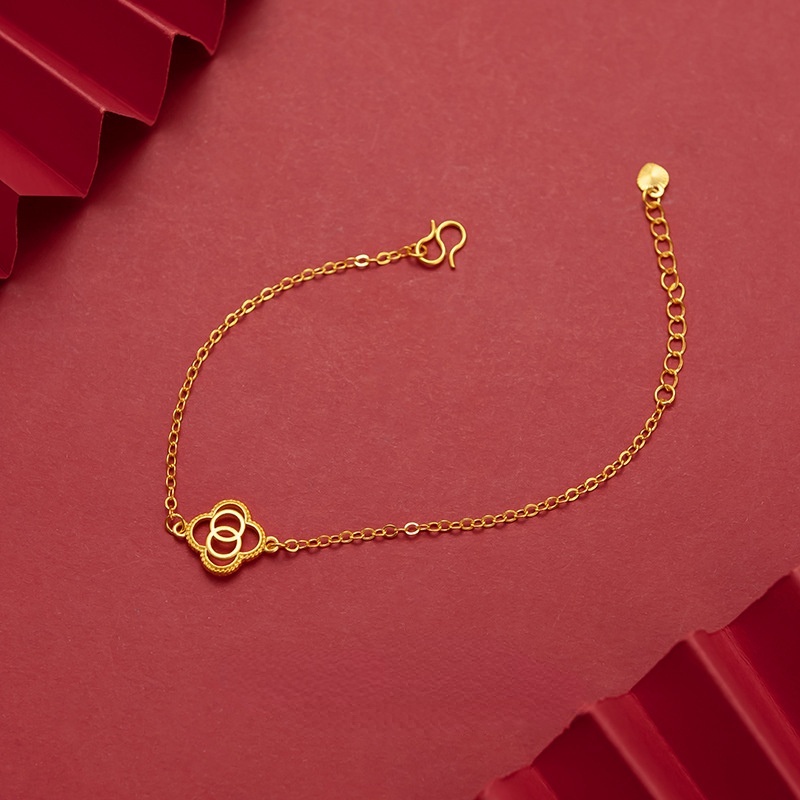 Perhiasan Gelang Desain Empat Daun Clover Emas Asli Kadar 375Gaya Korea Untuk Wanita