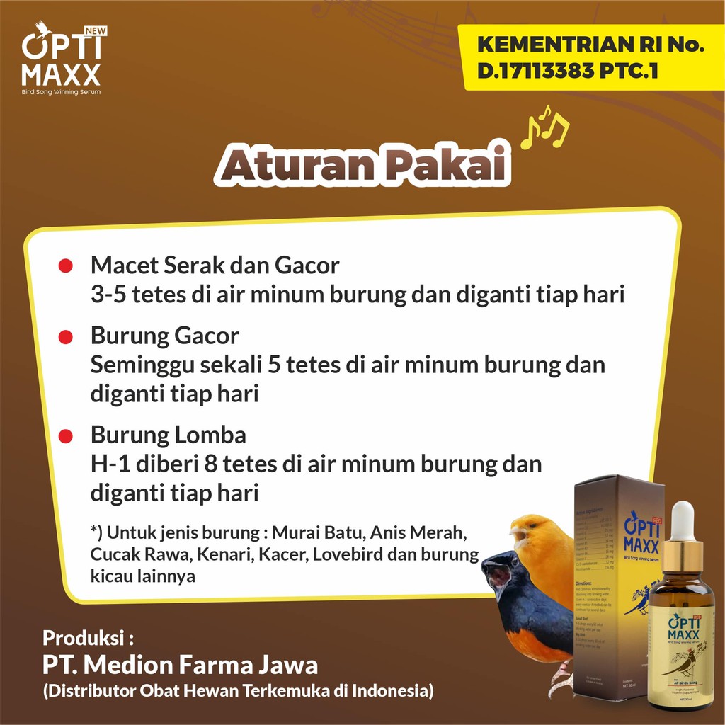 Optimaxx - Optimax Multivitamin Penggacor Gacor Burung Kicau Lovebird Murai Murai Batu Atp Masteran Doping Jalak Suren Anis Merah Kacer Isi 30ml