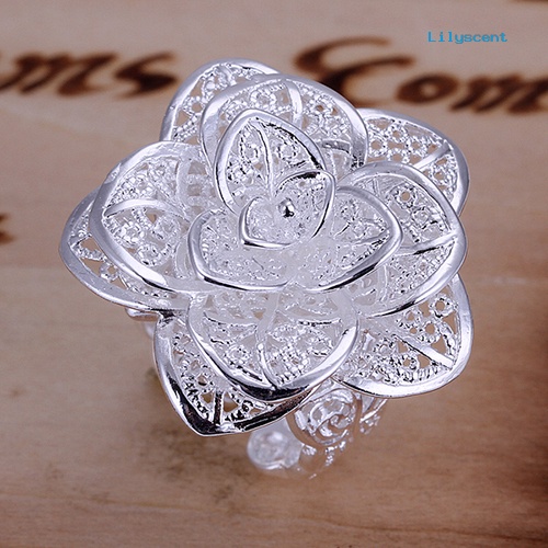 Ls Cincin Lapis Silver Model Terbuka Bentuk Bunga Hollow Elegan Untuk Wanita