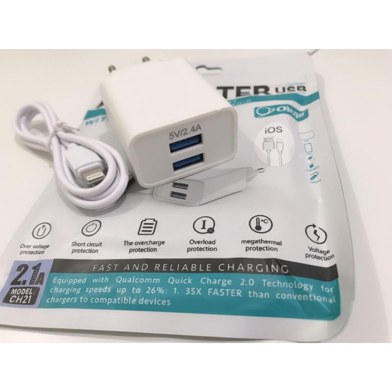 Charger USB plus Kabel Data USB slot / Quick Charger model CH21 2.1A OR88